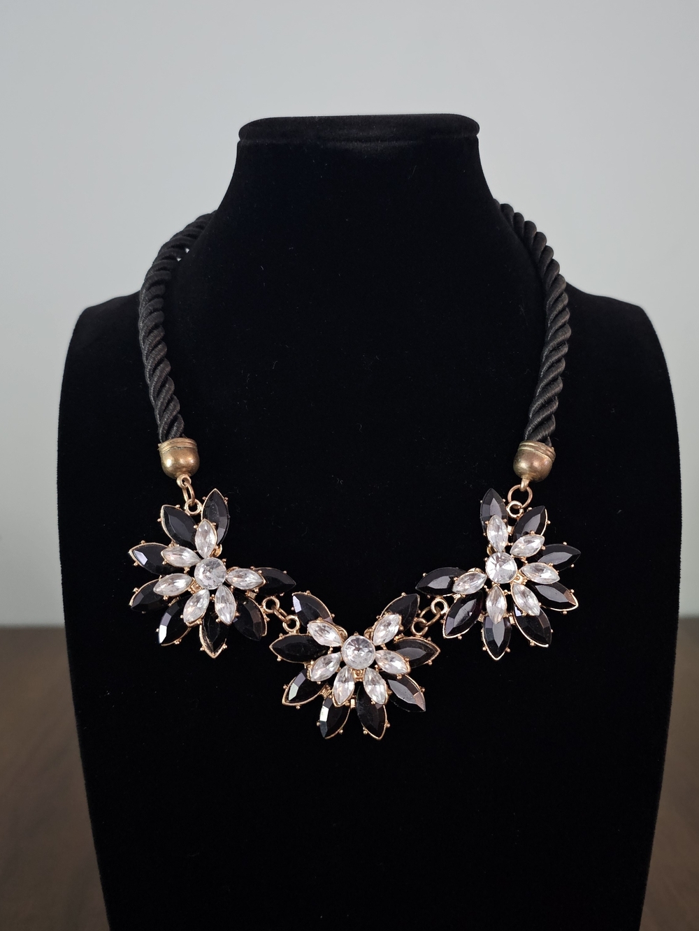 Betsey Johnson Black and Clear Floral Cluster Necklace With Black Rope
